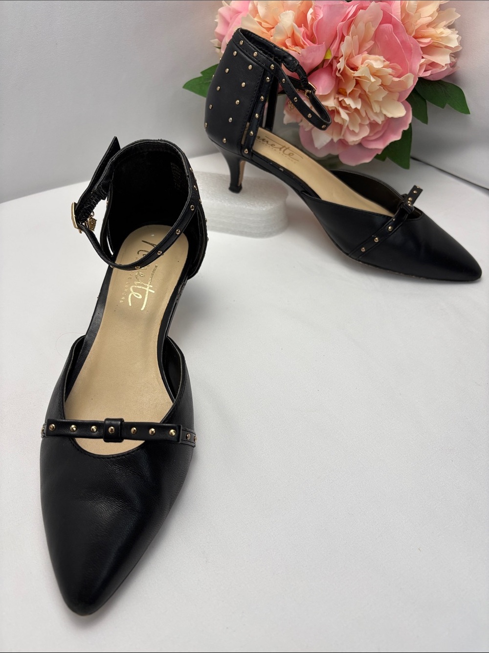 Nanette Lepore Womens 7 Black Pointed Toe Ankle-Strap Heels Gold Studs #450
